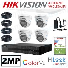 HiLook 2MP ColorVu KIT 4 x Cameras 1 x DVR 1TB 20m Cables Power Supply CCTV Security Kit