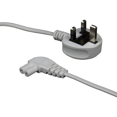 electrosmart White 10m Mains Power Cable/Lead 3 Pin Moulded UK Plug to Right Angled IEC C7 Figure 8