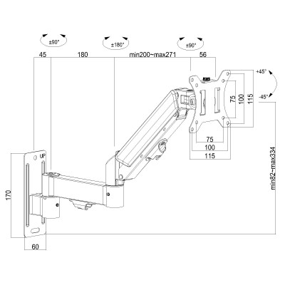 Beetronic Wall Mounted Gas Spring Monitor Arm 13 - 32" Computer Screen Height Adjustable