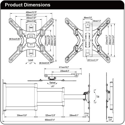 Part King 26" - 65" Extra Long Arm Full Motion TV Wall Mount Bracket Tilt Swivel 42" 50"